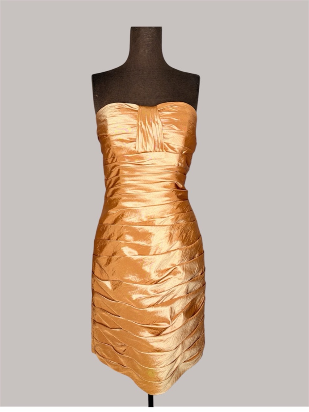 Val Stefani Satin Strapless Ruched Cocktail Dress Camel Gold + Shawl